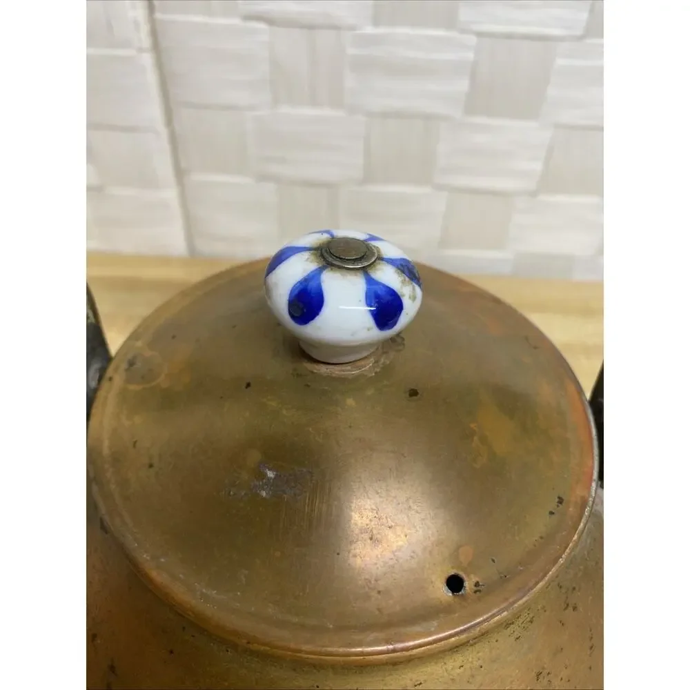 Vintage Copper Tea Kettle Teapot With Blue&White Porcelain Handle And Knob